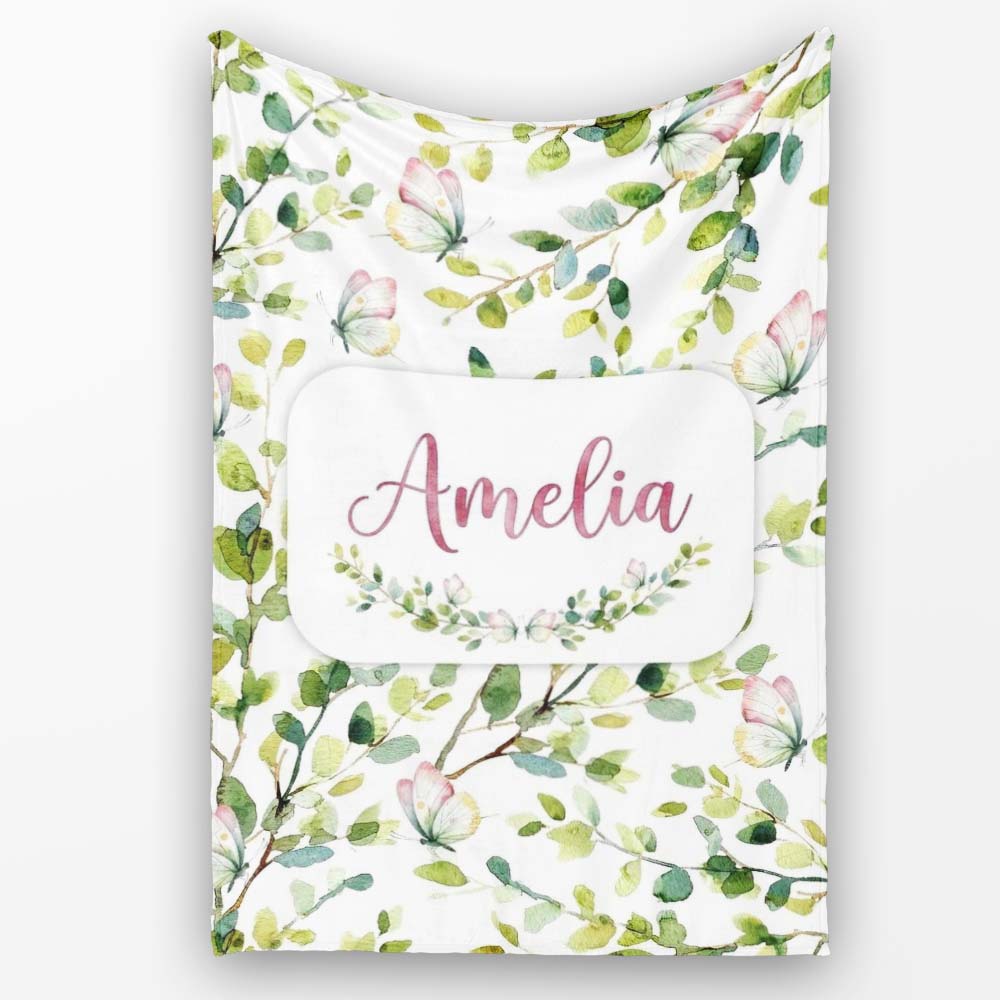 Watercolor Butterflies Green Leaves Branches Seamless Pattern Soft Personalised Custom Name Super Soft Fleece Blanket Bed Sofa Throw
