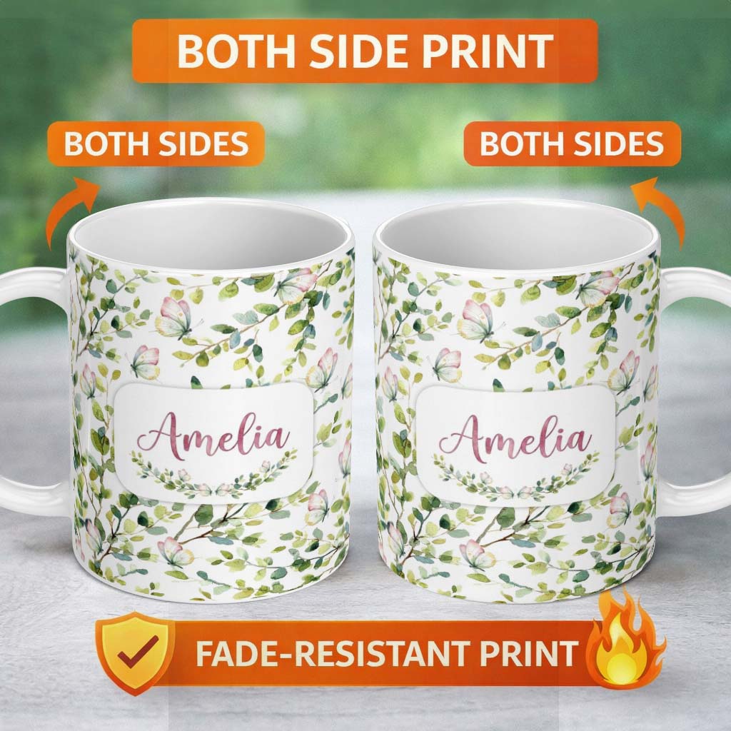 Personalized Custom Name Watercolor Butterflies Green Leaves Branches Seamless Pattern Soft 11oz Ceramic Coffee Tea Mug White Large Handle