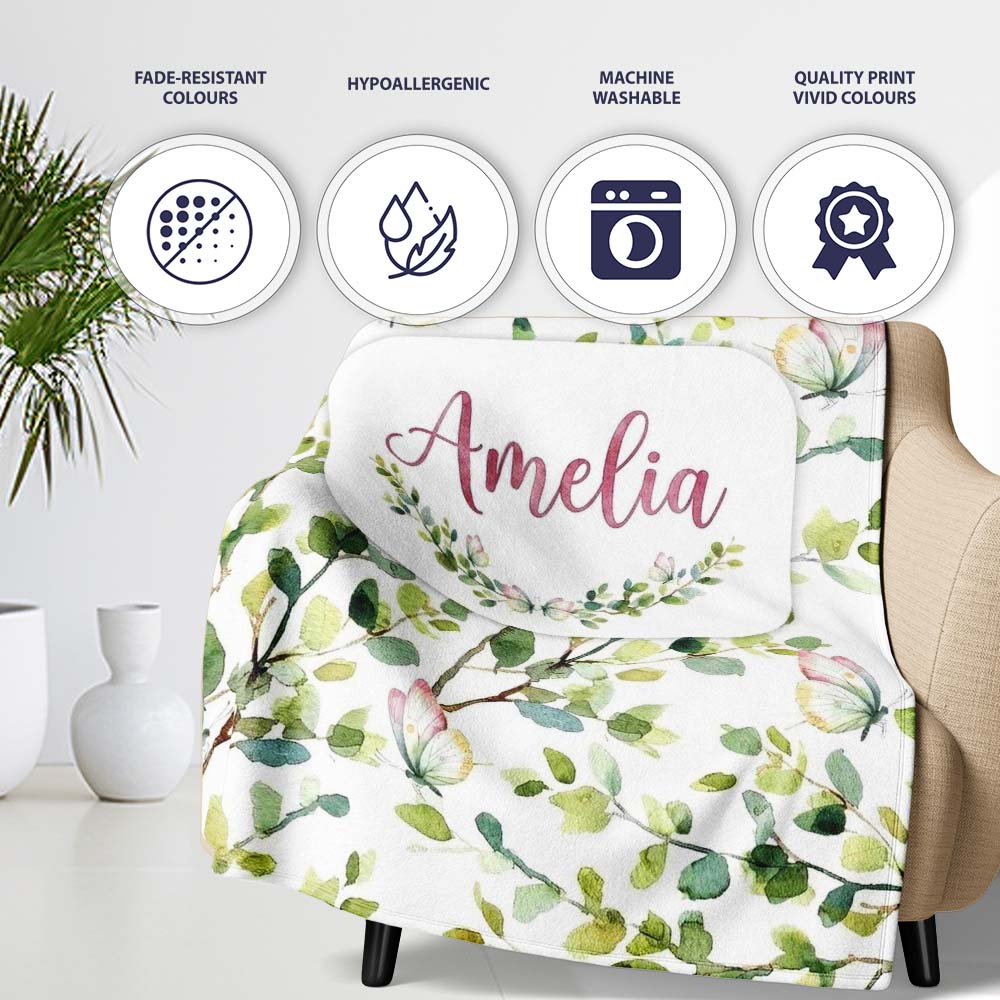 Watercolor Butterflies Green Leaves Branches Seamless Pattern Soft Personalised Custom Name Super Soft Fleece Blanket Bed Sofa Throw