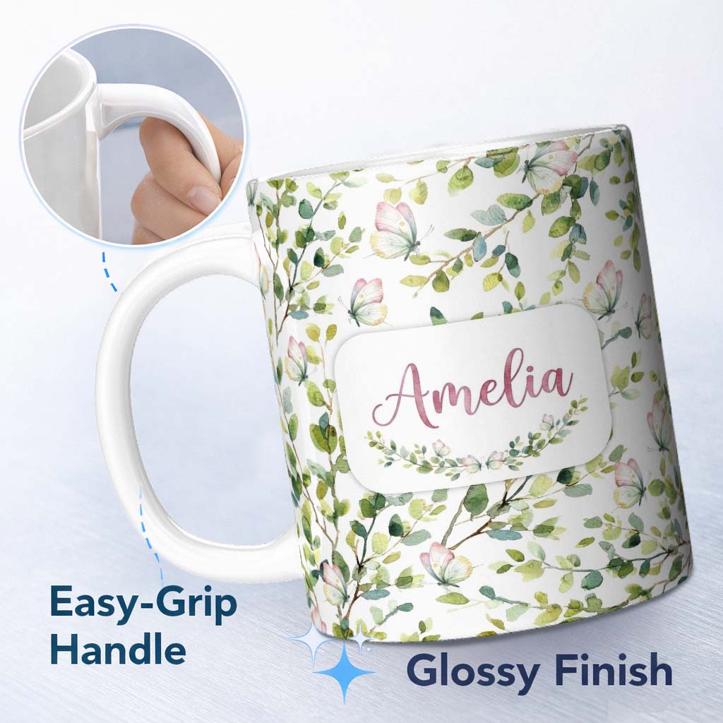 Personalized Custom Name Watercolor Butterflies Green Leaves Branches Seamless Pattern Soft 11oz Ceramic Coffee Tea Mug White Large Handle