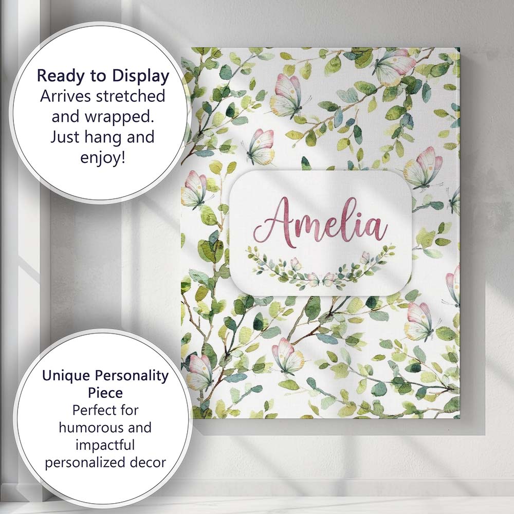 Personalised Name Watercolor Butterflies Custom Unique Gift Idea Elegant Feature Canvas Wall Art Print Decor Picture Ready to Hang
