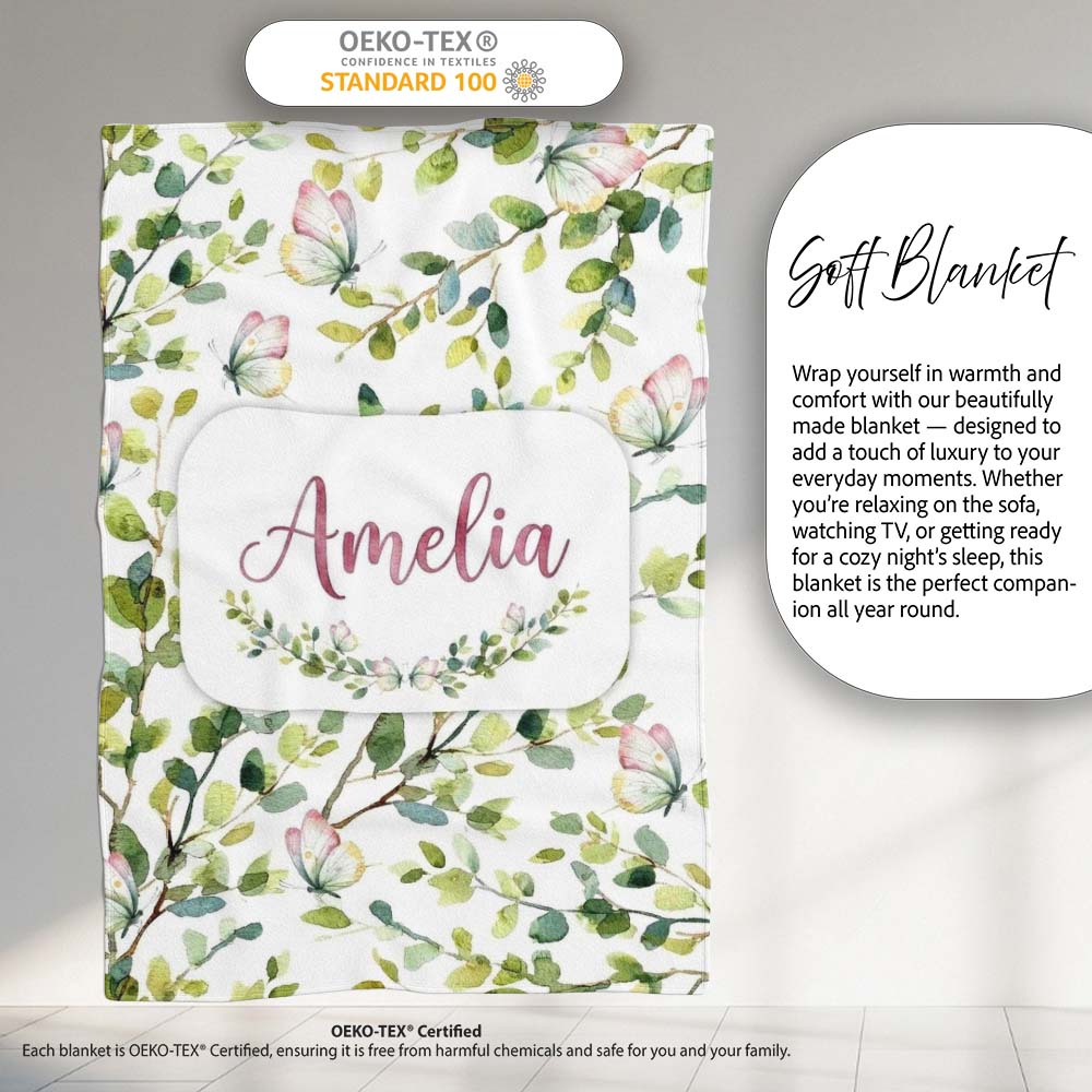 Watercolor Butterflies Green Leaves Branches Seamless Pattern Soft Personalised Custom Name Super Soft Fleece Blanket Bed Sofa Throw