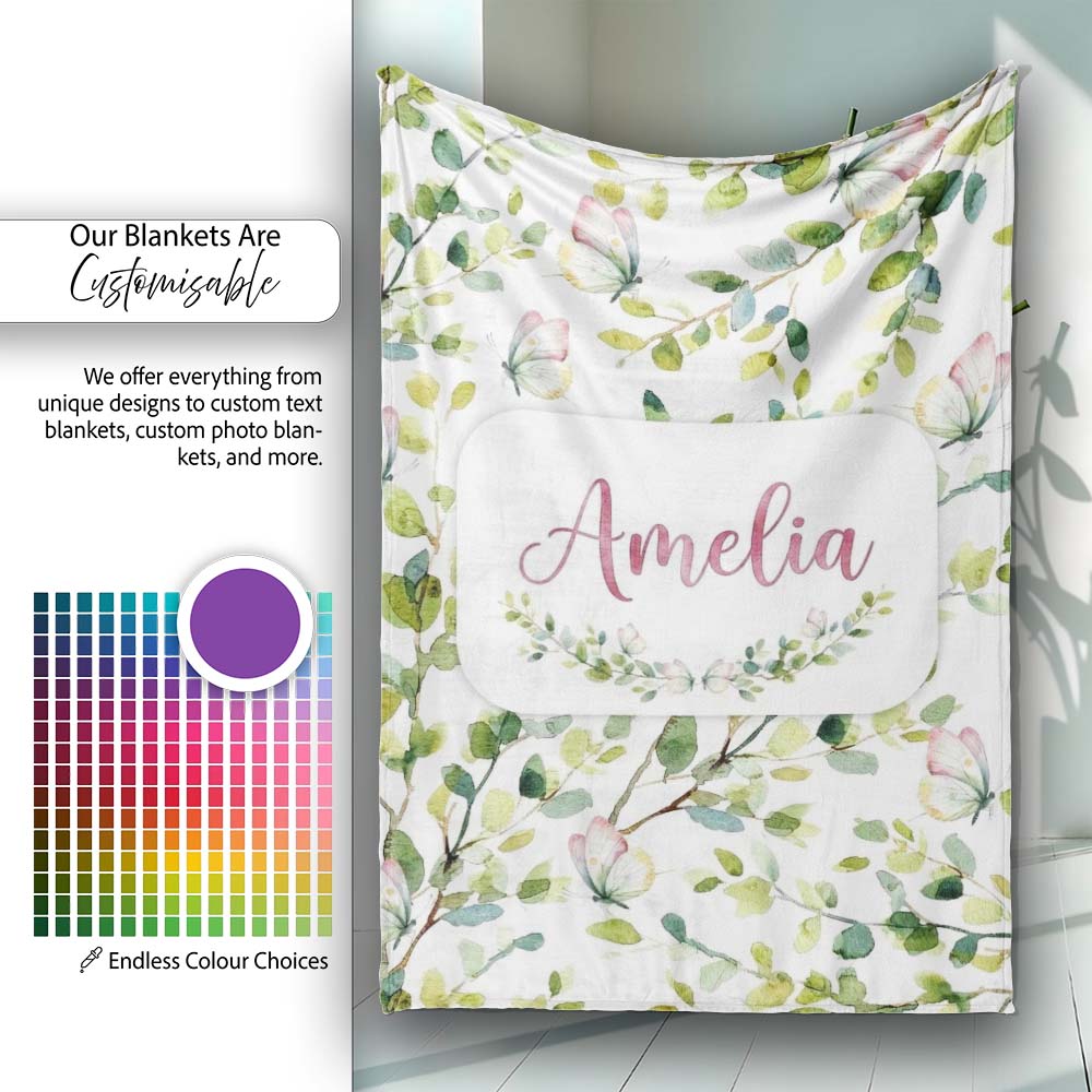 Watercolor Butterflies Green Leaves Branches Seamless Pattern Soft Personalised Custom Name Super Soft Fleece Blanket Bed Sofa Throw