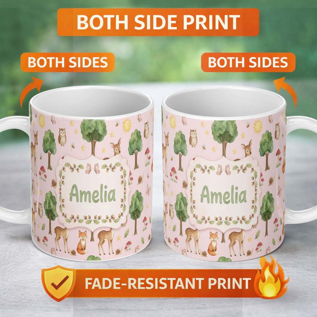 Personalized Custom Name Watercolor Forest Animals Deer Owl Mushrooms Stars Seamless Pattern 11oz Ceramic Coffee Tea Mug White Large Handle