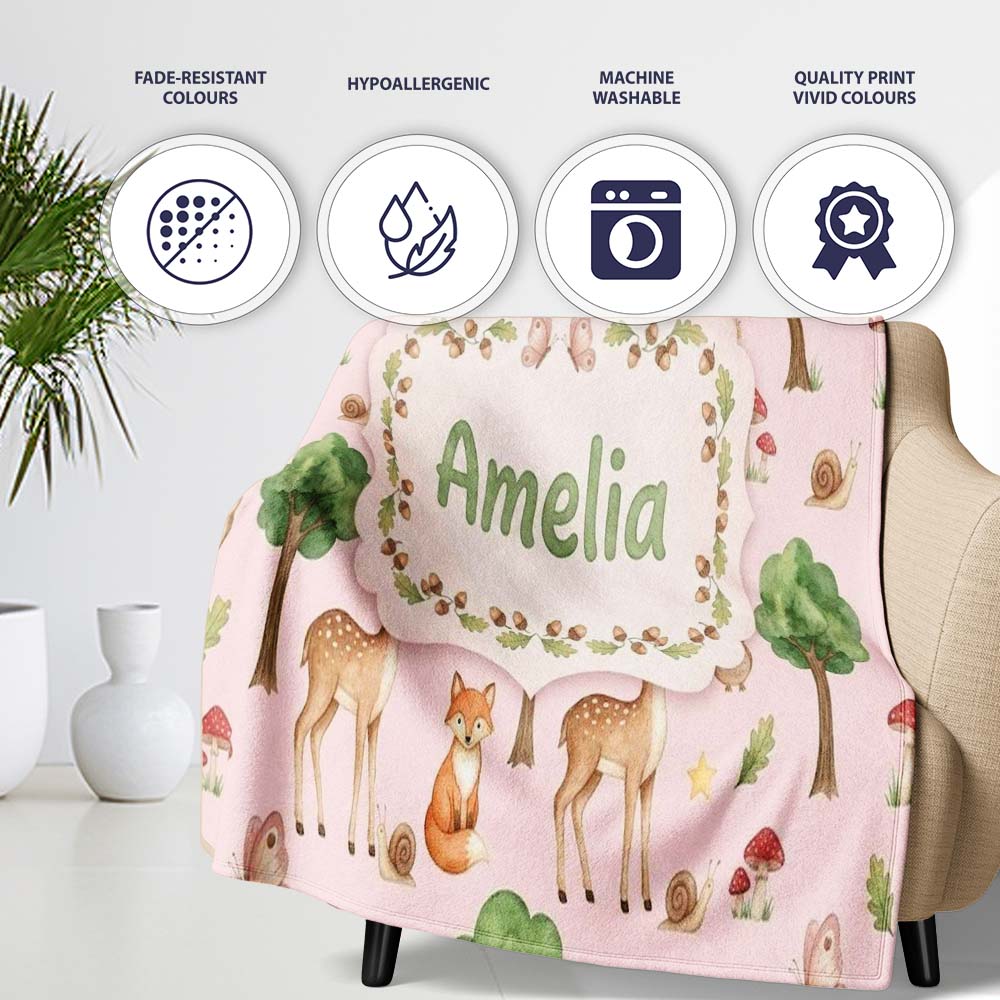 Watercolor Forest Animals Deer Owl Mushrooms Stars Seamless Pattern Personalised Custom Name Super Soft Fleece Blanket Bed Sofa Throw