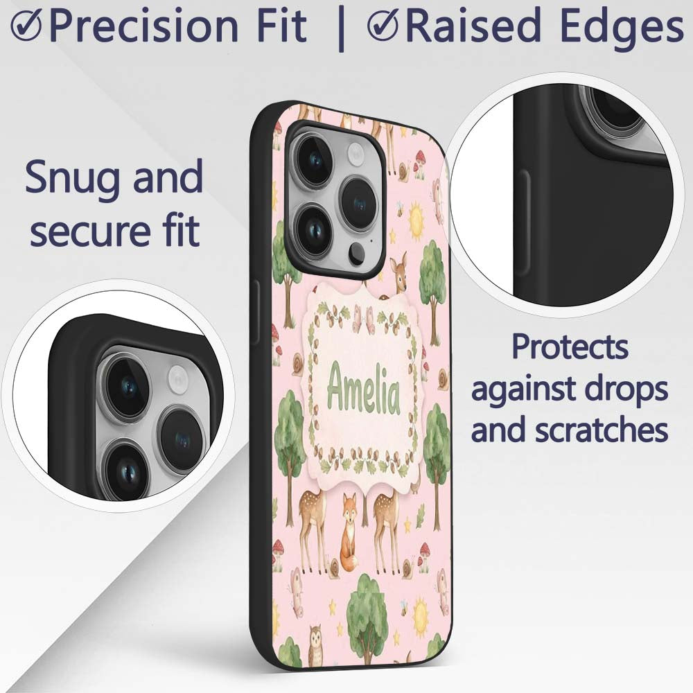 Watercolor Forest Animals Deer Owl Mushrooms Custom Name Protective Phone Case Mobile Cover Durable Everyday Smartphone Shock Resistant
