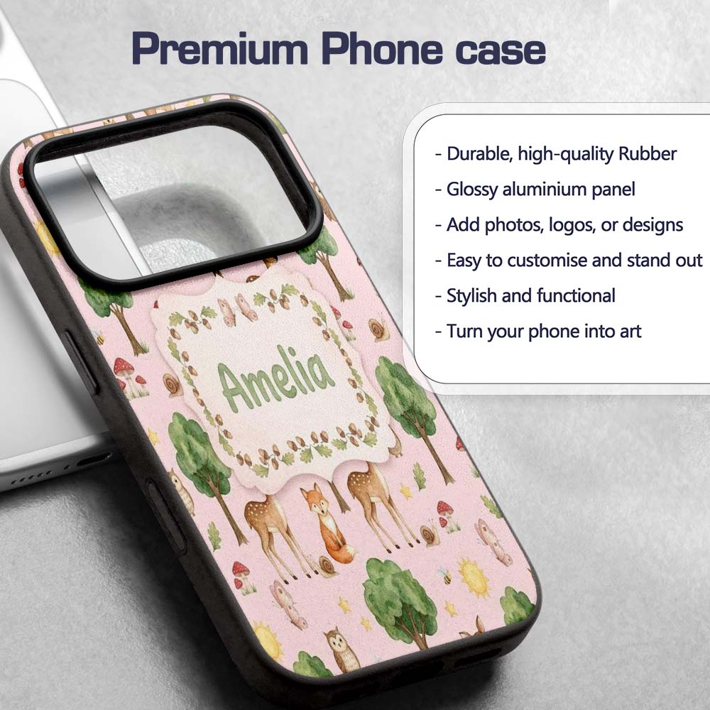 Watercolor Forest Animals Deer Owl Mushrooms Custom Name Protective Phone Case Mobile Cover Durable Everyday Smartphone Shock Resistant