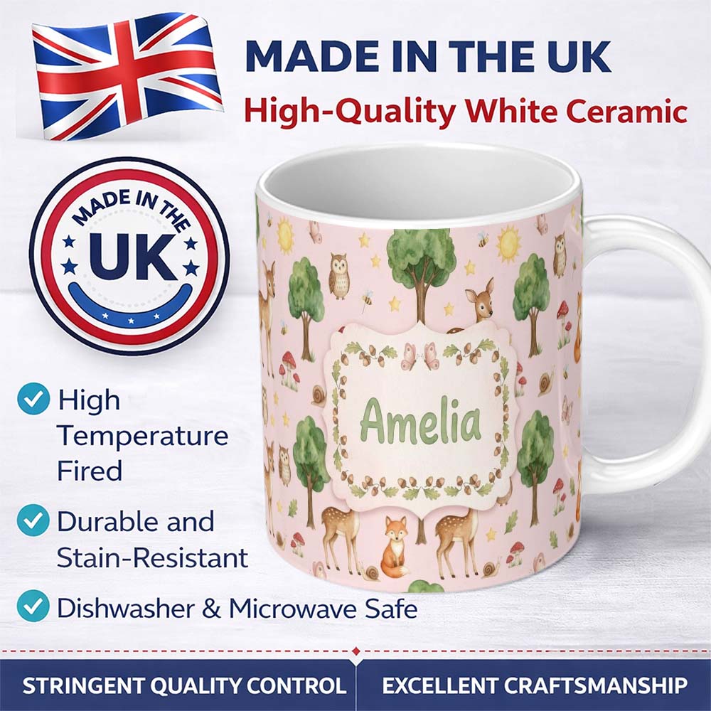 Personalized Custom Name Watercolor Forest Animals Deer Owl Mushrooms Stars Seamless Pattern 11oz Ceramic Coffee Tea Mug White Large Handle