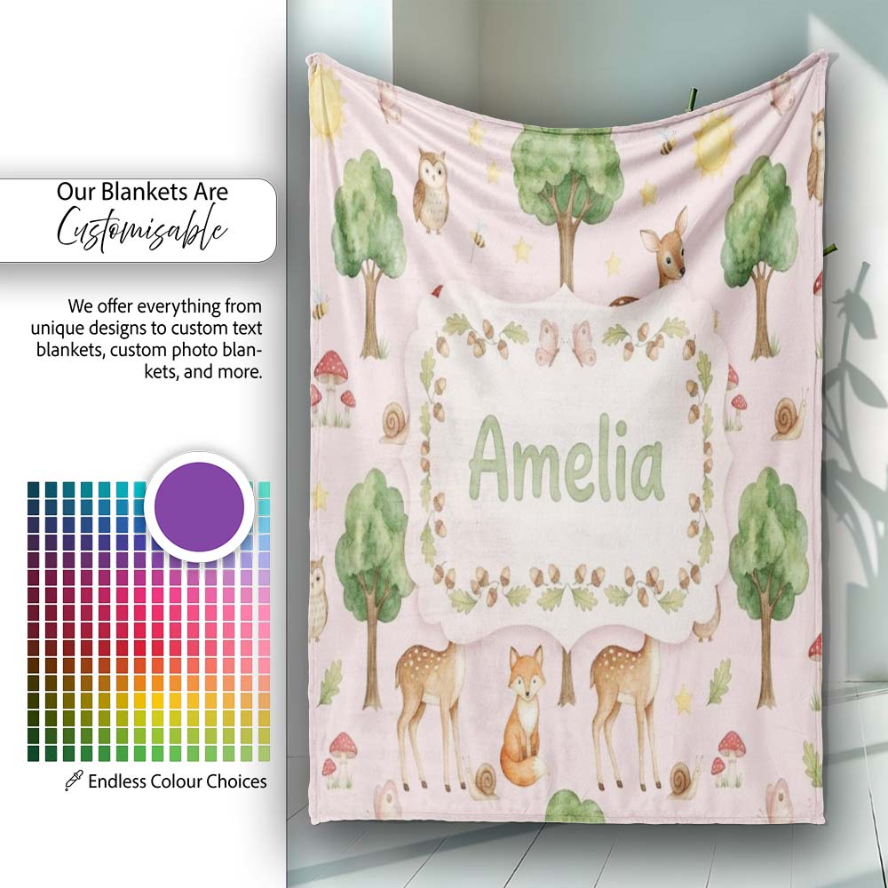 Watercolor Forest Animals Deer Owl Mushrooms Stars Seamless Pattern Personalised Custom Name Super Soft Fleece Blanket Bed Sofa Throw