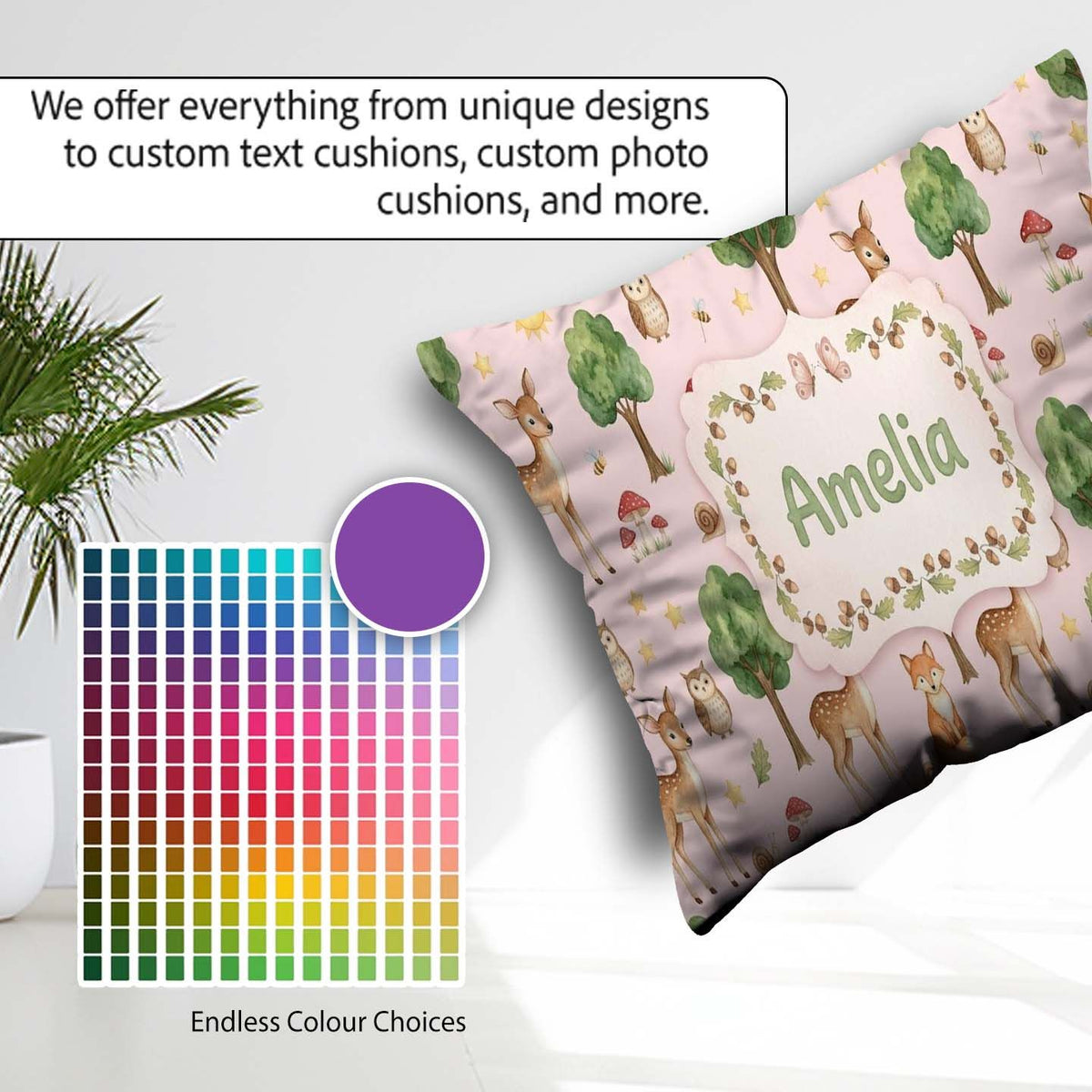Custom Name Watercolor Animals Deer Owl Mushrooms Stars Seamless Square Filled Cushion Throw Pillow Sofa Bed Home Decor Zip Washable UK Made