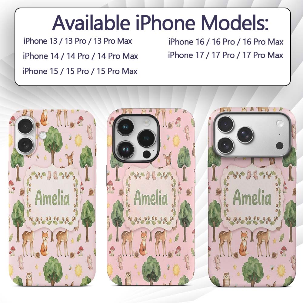 Watercolor Forest Animals Deer Owl Mushrooms Custom Name Protective Phone Case Mobile Cover Durable Everyday Smartphone Shock Resistant
