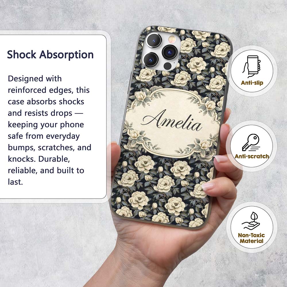Vintage Cream Rose Botanical Dark Background Custom Name Protective Phone Case Mobile Cover Durable Everyday Smartphone Shock Resistant