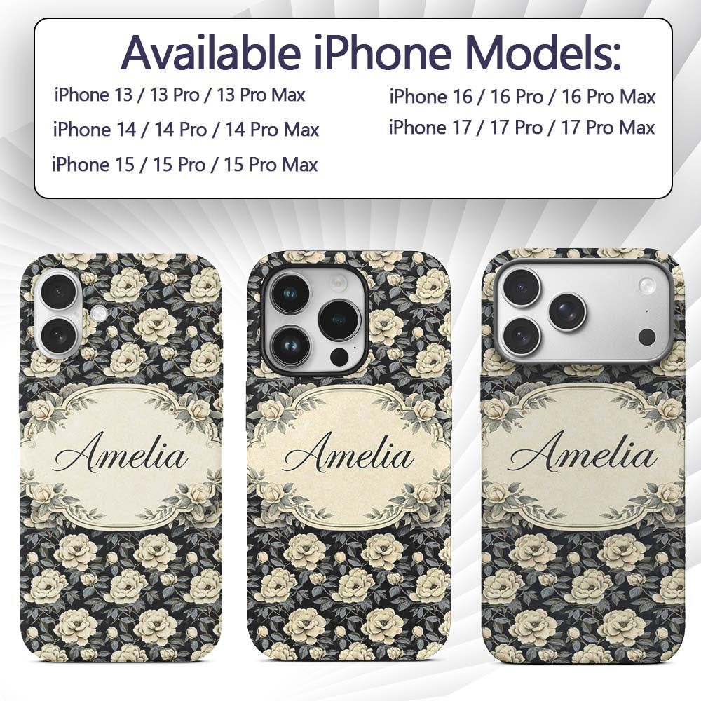 Vintage Cream Rose Botanical Dark Background Custom Name Protective Phone Case Mobile Cover Durable Everyday Smartphone Shock Resistant