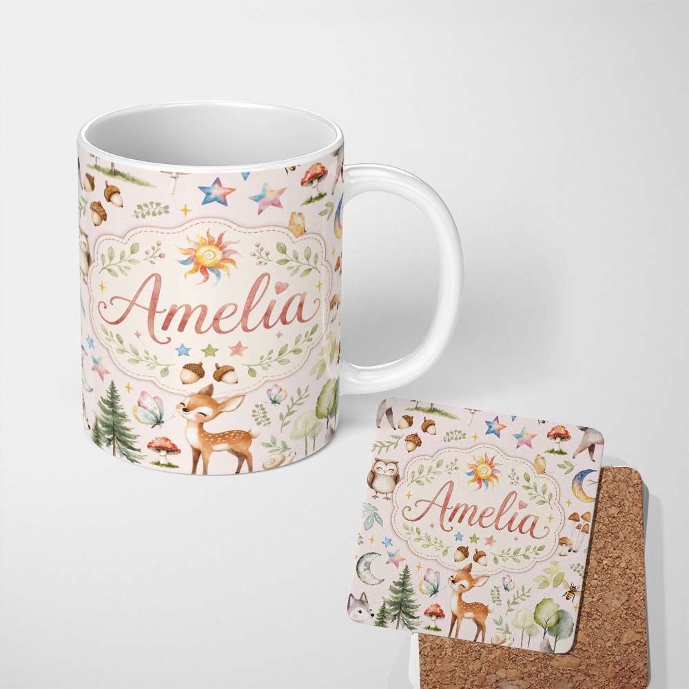 Personalized Custom Name Watercolor Forest Animals Deer Owl Mushrooms Stars Seamless Pattern 11oz Ceramic Coffee Tea Mug White Large Handle