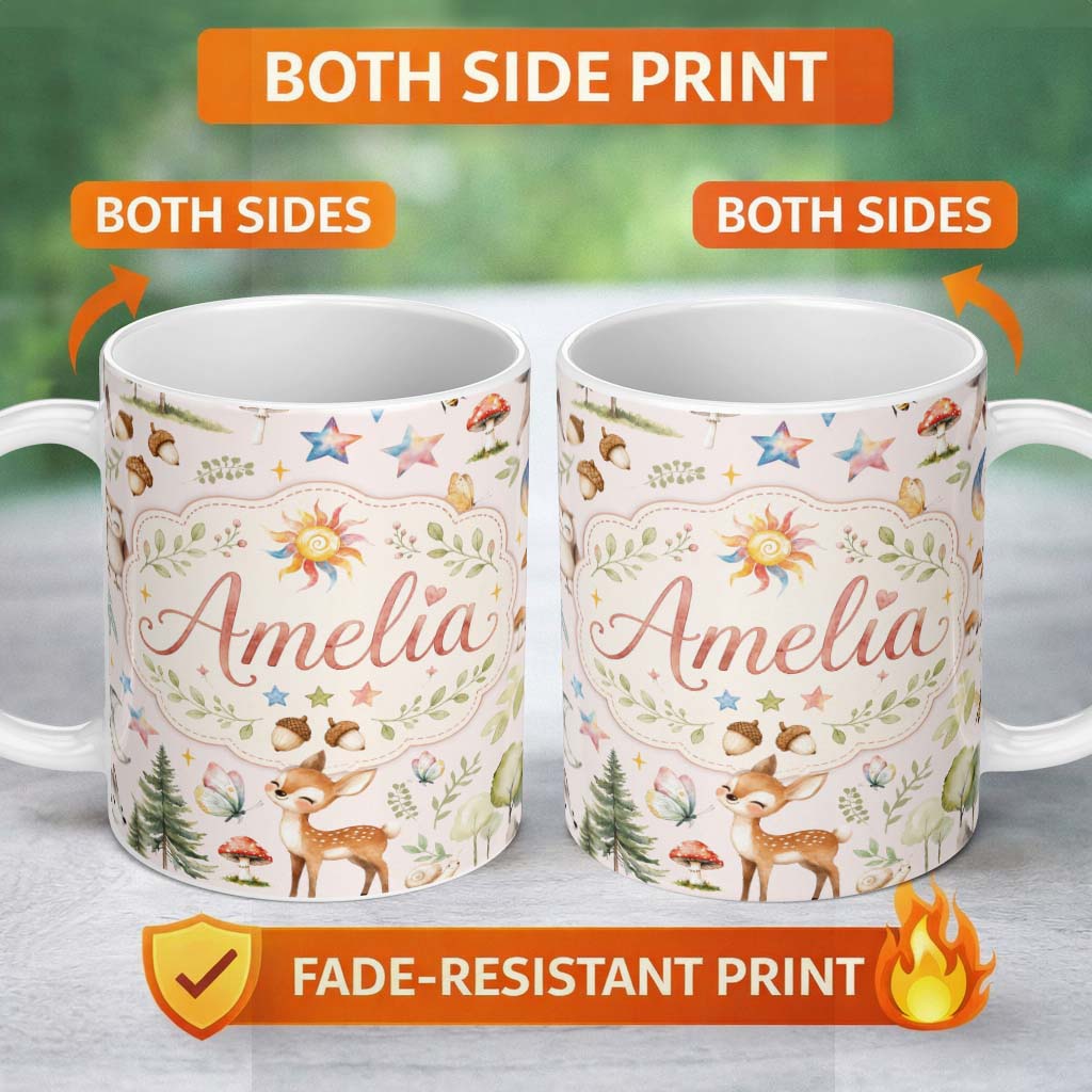Personalized Custom Name Watercolor Forest Animals Deer Owl Mushrooms Stars Seamless Pattern 11oz Ceramic Coffee Tea Mug White Large Handle