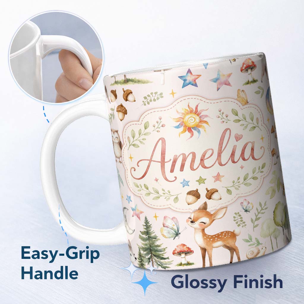 Personalized Custom Name Watercolor Forest Animals Deer Owl Mushrooms Stars Seamless Pattern 11oz Ceramic Coffee Tea Mug White Large Handle