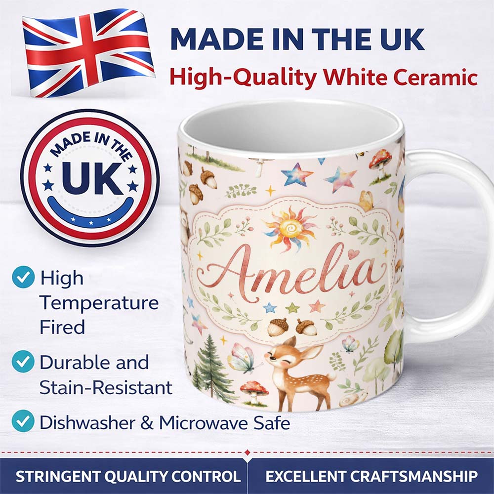 Personalized Custom Name Watercolor Forest Animals Deer Owl Mushrooms Stars Seamless Pattern 11oz Ceramic Coffee Tea Mug White Large Handle