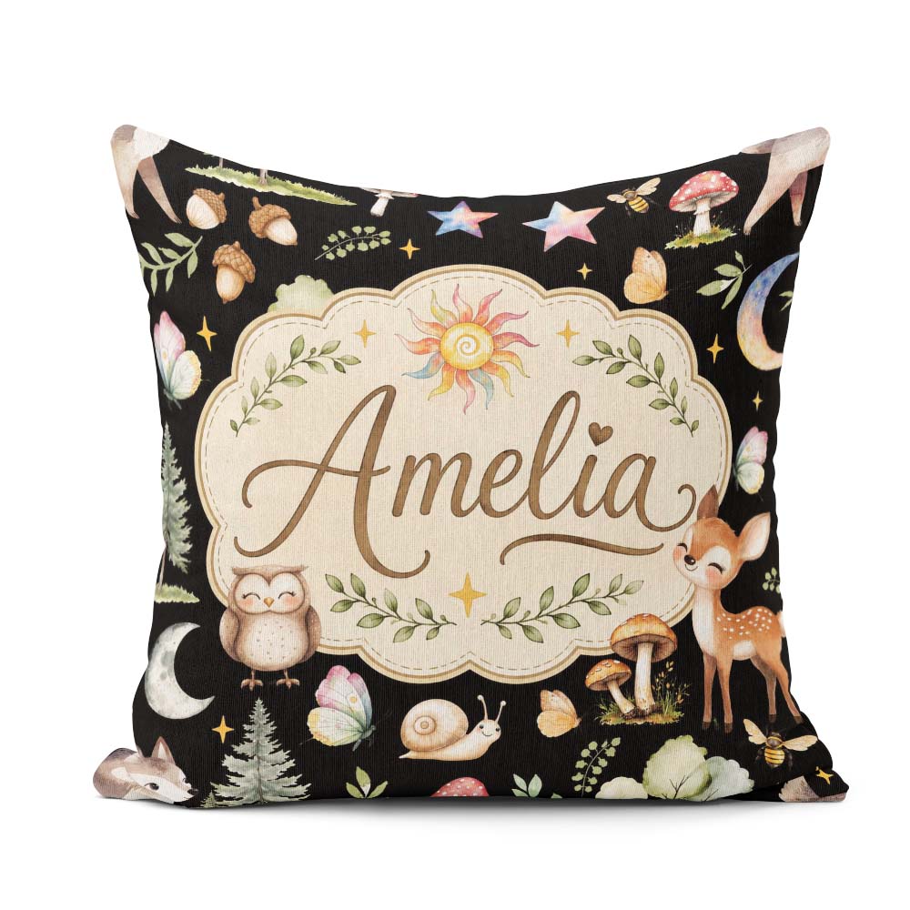 Custom Name Watercolor Animals Deer Owl Mushrooms Stars Seamless Square Filled Cushion Throw Pillow Sofa Bed Home Decor Zip Washable UK Made