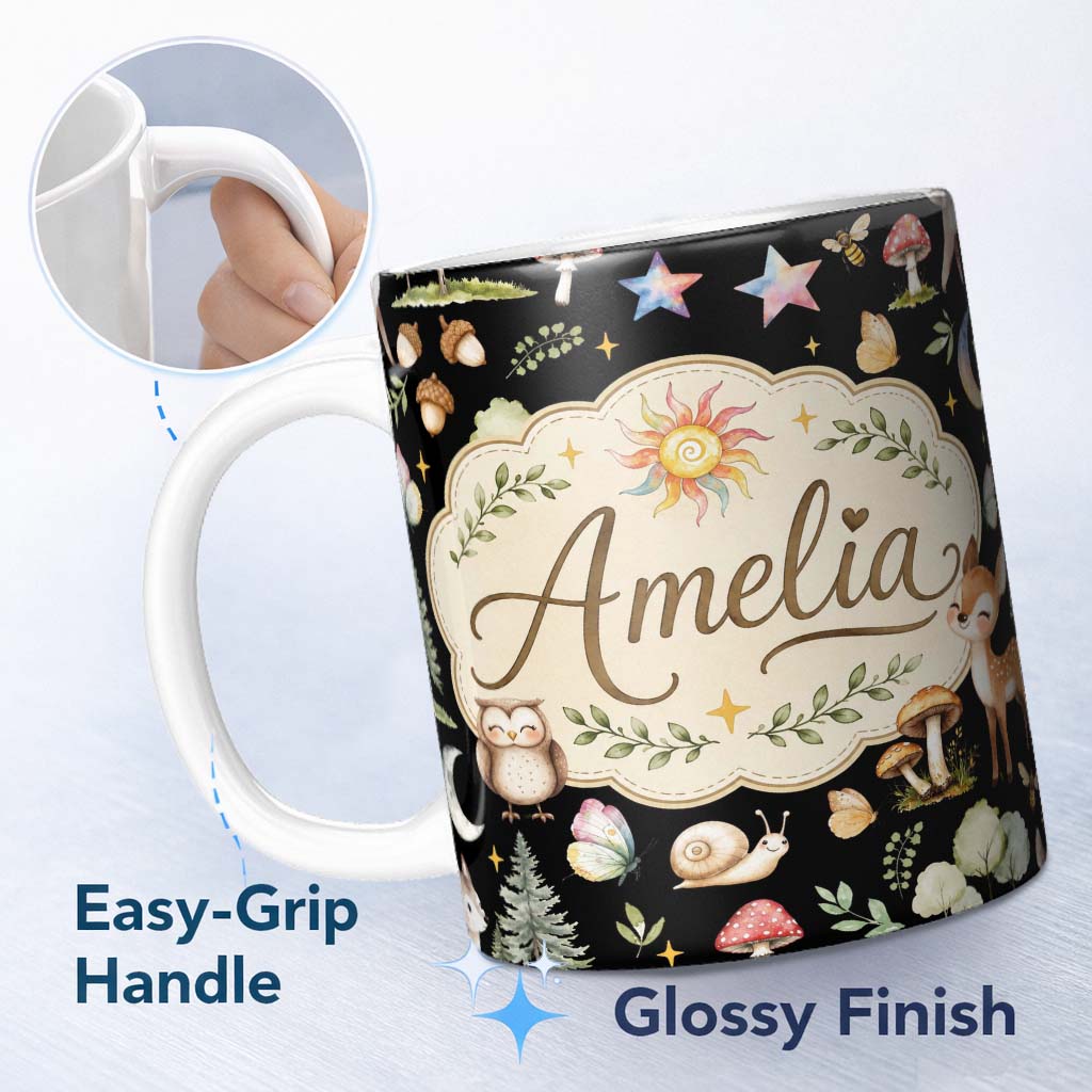 Personalized Custom Name Watercolor Forest Animals Deer Owl Mushrooms Stars Seamless Pattern 11oz Ceramic Coffee Tea Mug White Large Handle