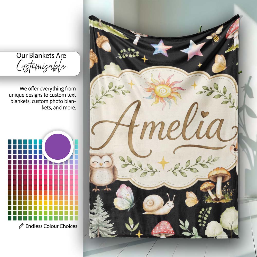 Watercolor Forest Animals Deer Owl Mushrooms Stars Seamless Pattern Personalised Custom Name Super Soft Fleece Blanket Bed Sofa Throw