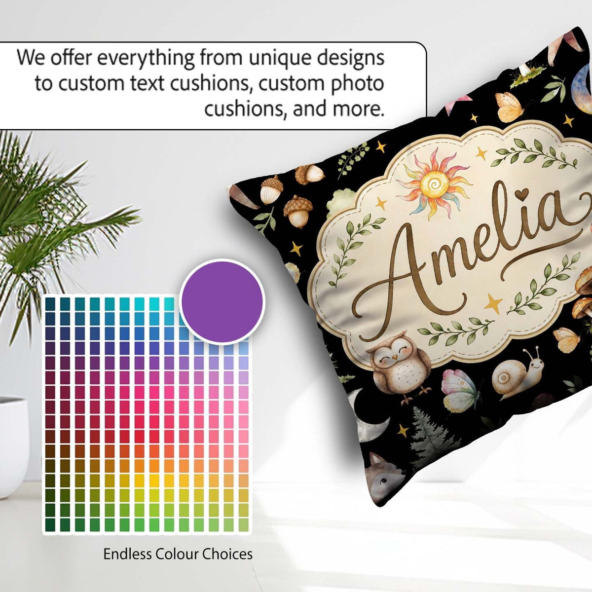 Custom Name Watercolor Animals Deer Owl Mushrooms Stars Seamless Square Filled Cushion Throw Pillow Sofa Bed Home Decor Zip Washable UK Made