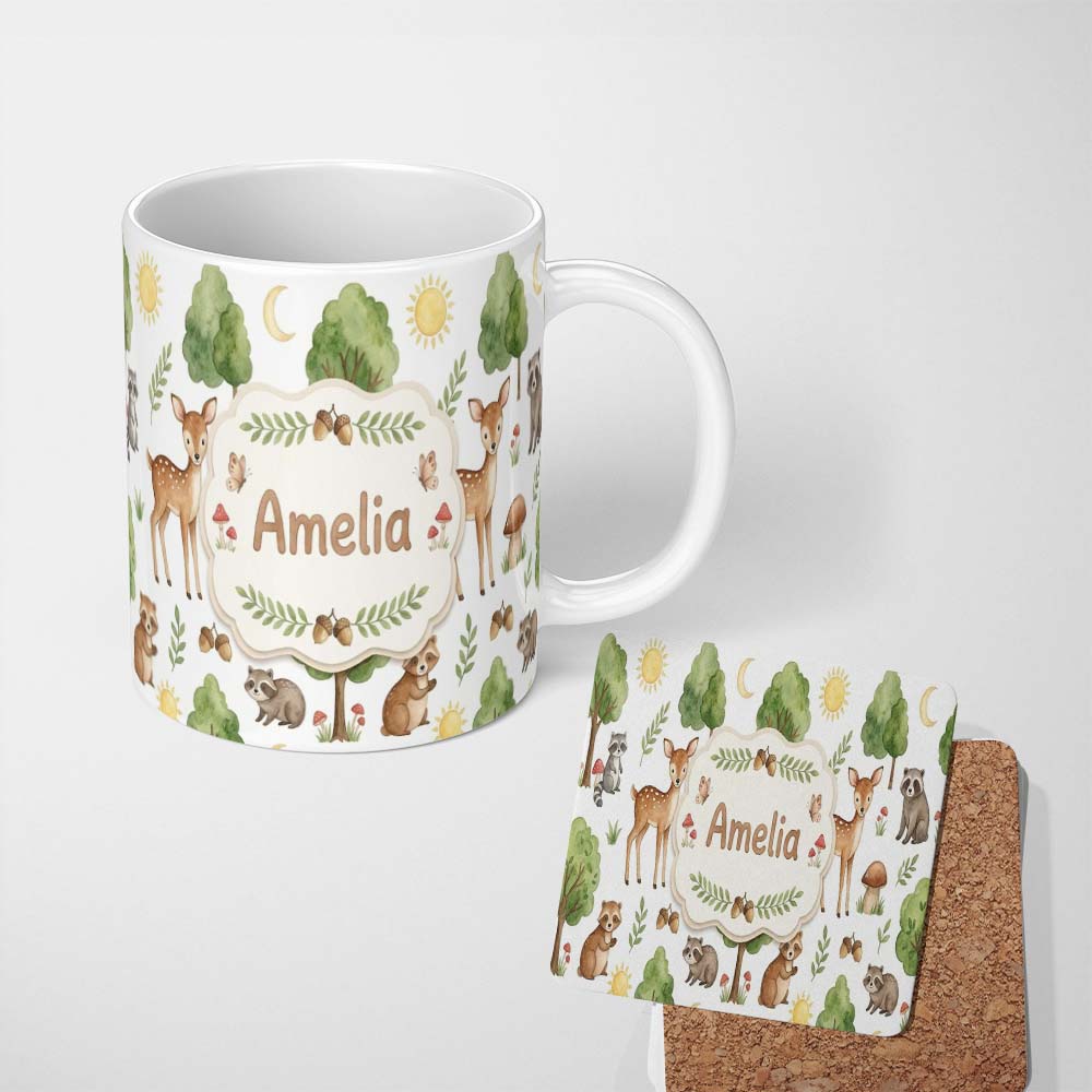 Personalized Custom Name Watercolor Forest Animal Deer Owl Mushrooms Stars Seamless Pattern 11oz Ceramic Coffee Tea Mug White Large Handle