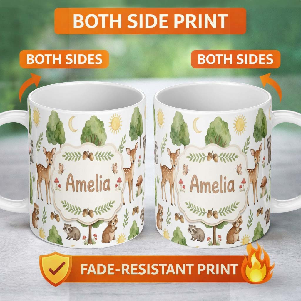 Personalized Custom Name Watercolor Forest Animal Deer Owl Mushrooms Stars Seamless Pattern 11oz Ceramic Coffee Tea Mug White Large Handle
