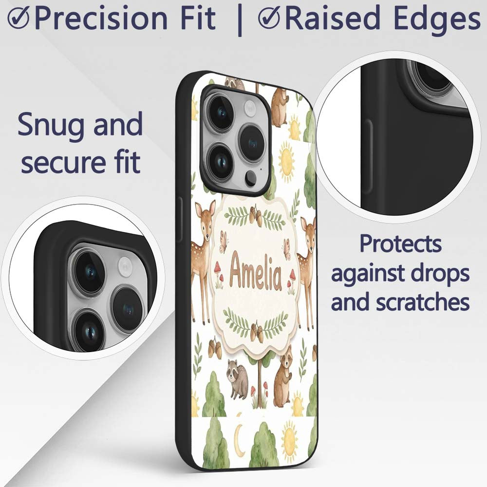 Watercolor Forest Animal Deer Owl Mushrooms Stars Custom Name Protective Phone Case Mobile Cover Durable Everyday Smartphone Shock Resistant