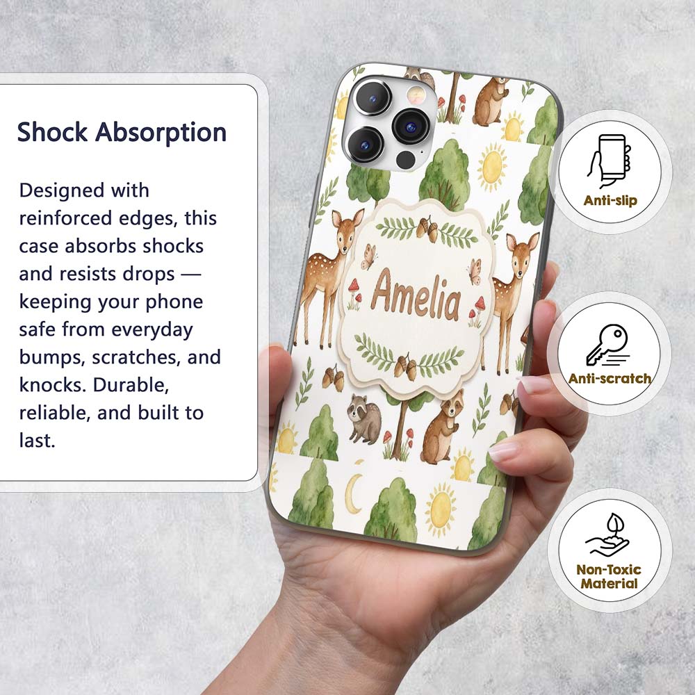 Watercolor Forest Animal Deer Owl Mushrooms Stars Custom Name Protective Phone Case Mobile Cover Durable Everyday Smartphone Shock Resistant