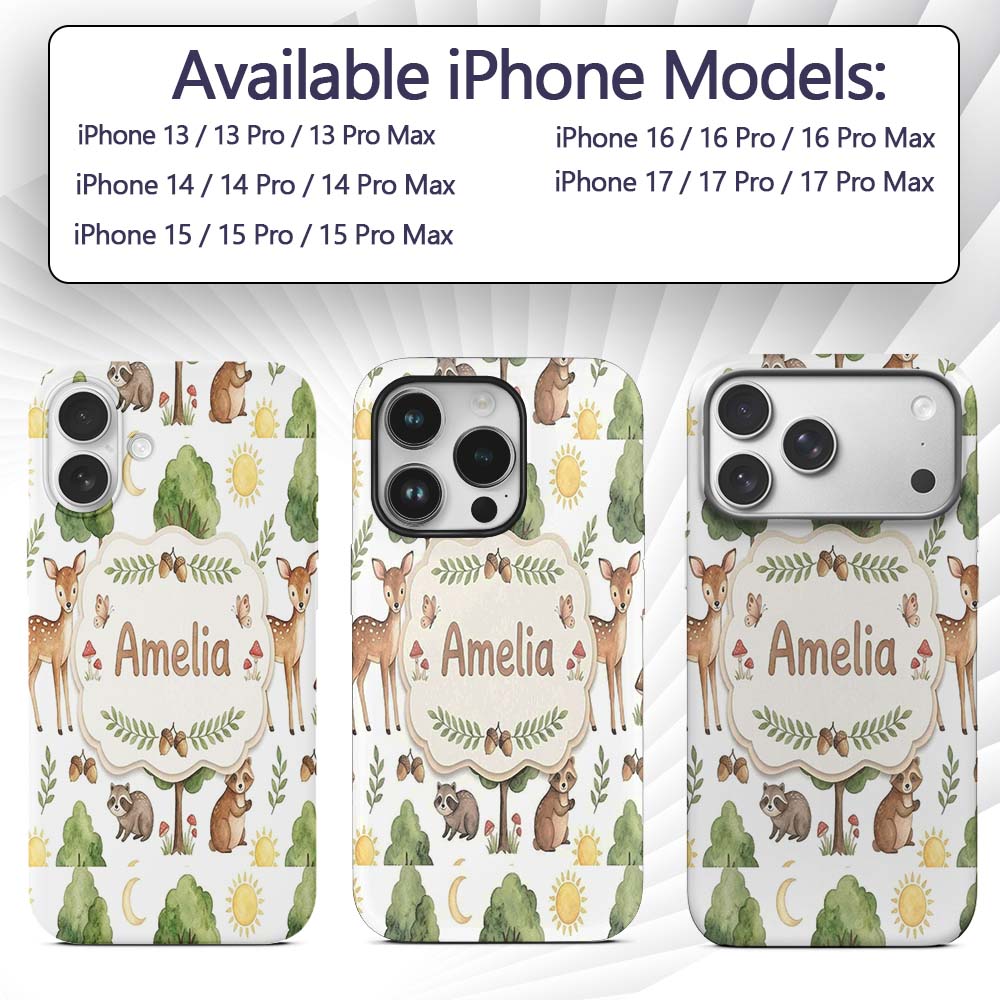 Watercolor Forest Animal Deer Owl Mushrooms Stars Custom Name Protective Phone Case Mobile Cover Durable Everyday Smartphone Shock Resistant