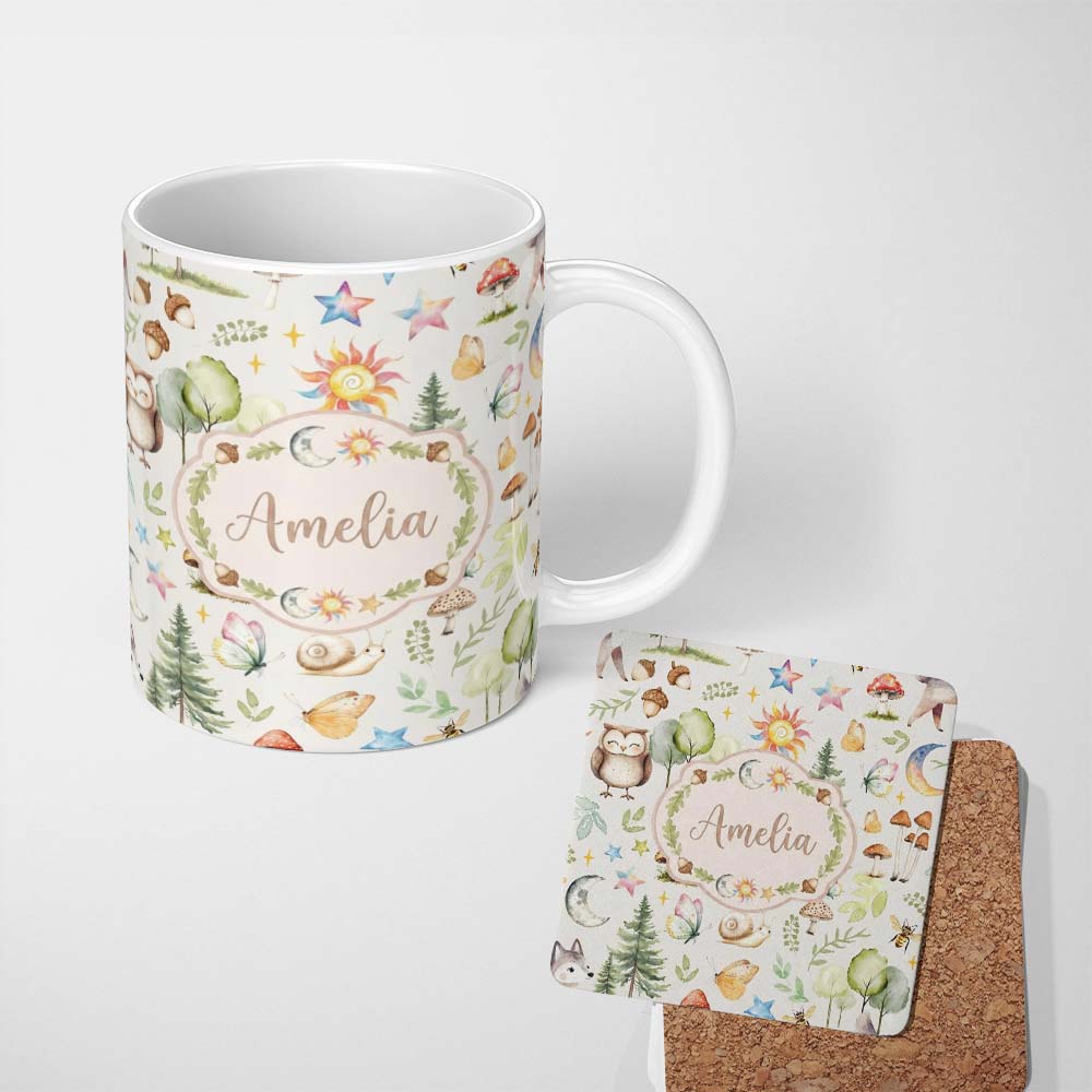 Personalized Custom Name Watercolor Forest Animals Deer Owl Mushrooms Stars Seamless Pattern 11oz Ceramic Coffee Tea Mug White Large Handle