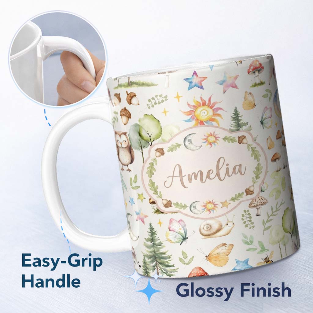 Personalized Custom Name Watercolor Forest Animals Deer Owl Mushrooms Stars Seamless Pattern 11oz Ceramic Coffee Tea Mug White Large Handle