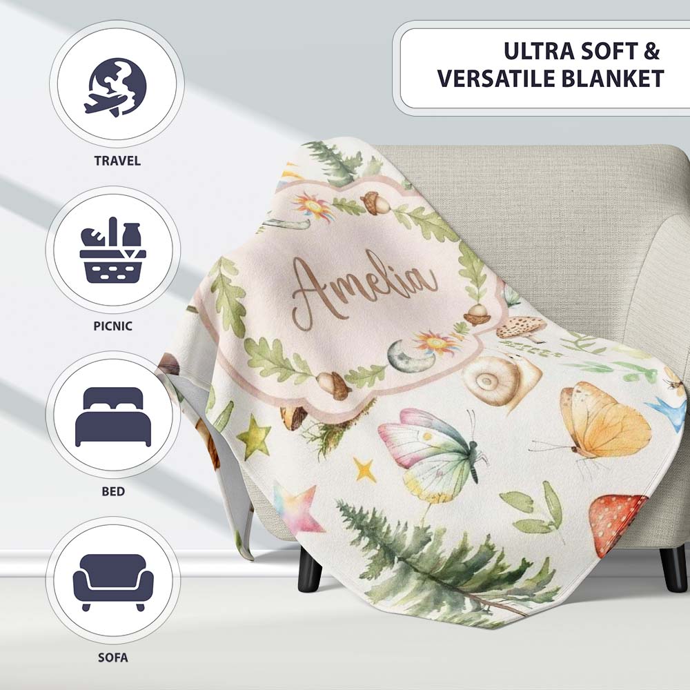 Watercolor Forest Animals Deer Owl Mushrooms Stars Seamless Pattern Personalised Custom Name Super Soft Fleece Blanket Bed Sofa Throw