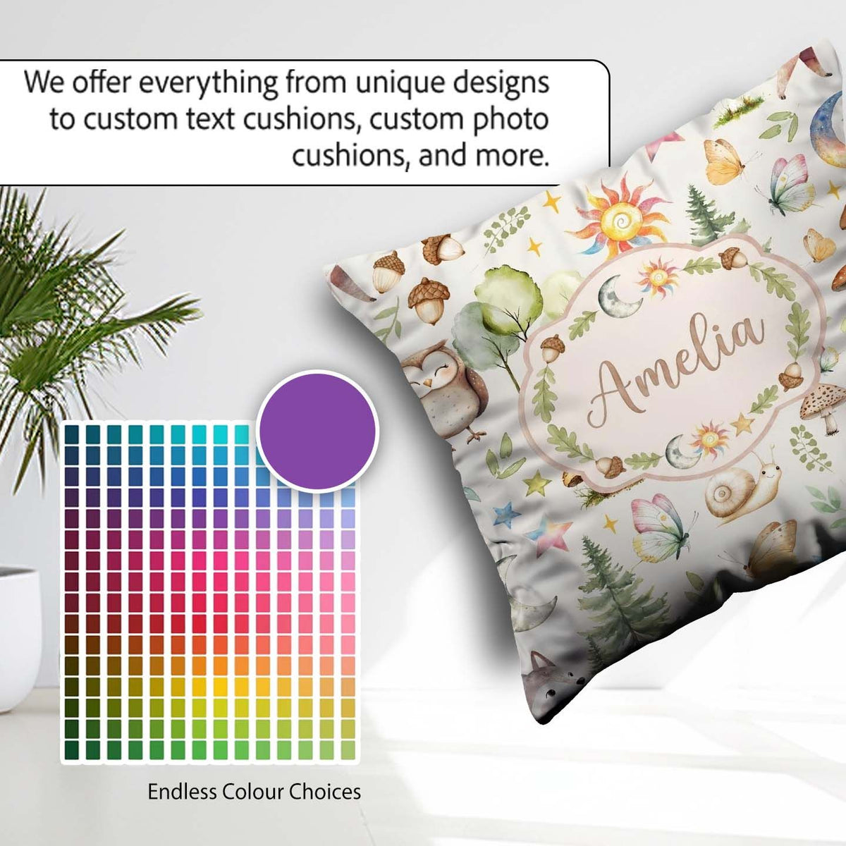 Custom Name Watercolor Animals Deer Owl Mushrooms Stars Seamless Square Filled Cushion Throw Pillow Sofa Bed Home Decor Zip Washable UK Made