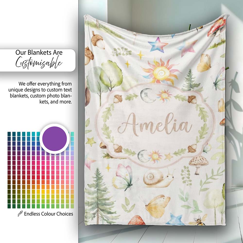 Watercolor Forest Animals Deer Owl Mushrooms Stars Seamless Pattern Personalised Custom Name Super Soft Fleece Blanket Bed Sofa Throw