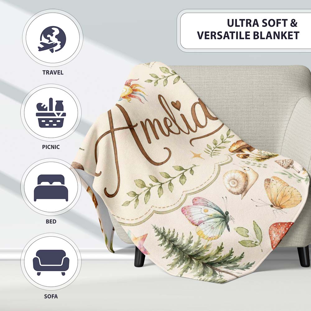 Watercolor Forest Animals Deer Owl Mushrooms Stars Seamless Pattern Personalised Custom Name Super Soft Fleece Blanket Bed Sofa Throw