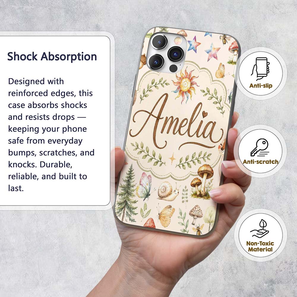 Watercolor Forest Animals Deer Owl Mushrooms Custom Name Protective Phone Case Mobile Cover Durable Everyday Smartphone Shock Resistant