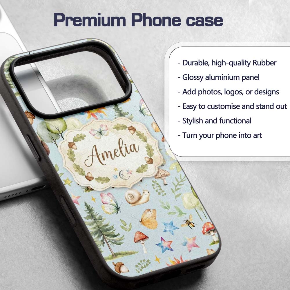 Watercolor Forest Animals Deer Owl Mushrooms Custom Name Protective Phone Case Mobile Cover Durable Everyday Smartphone Shock Resistant