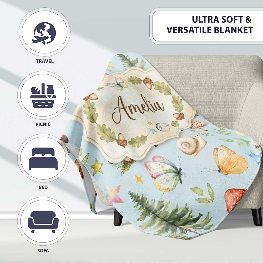 Watercolor Forest Animals Deer Owl Mushrooms Stars Seamless Pattern Personalised Custom Name Super Soft Fleece Blanket Bed Sofa Throw