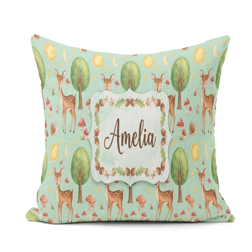 Custom Name Watercolor Animals Deer Owl Mushrooms Stars Seamless Square Filled Cushion Throw Pillow Sofa Bed Home Decor Zip Washable UK Made