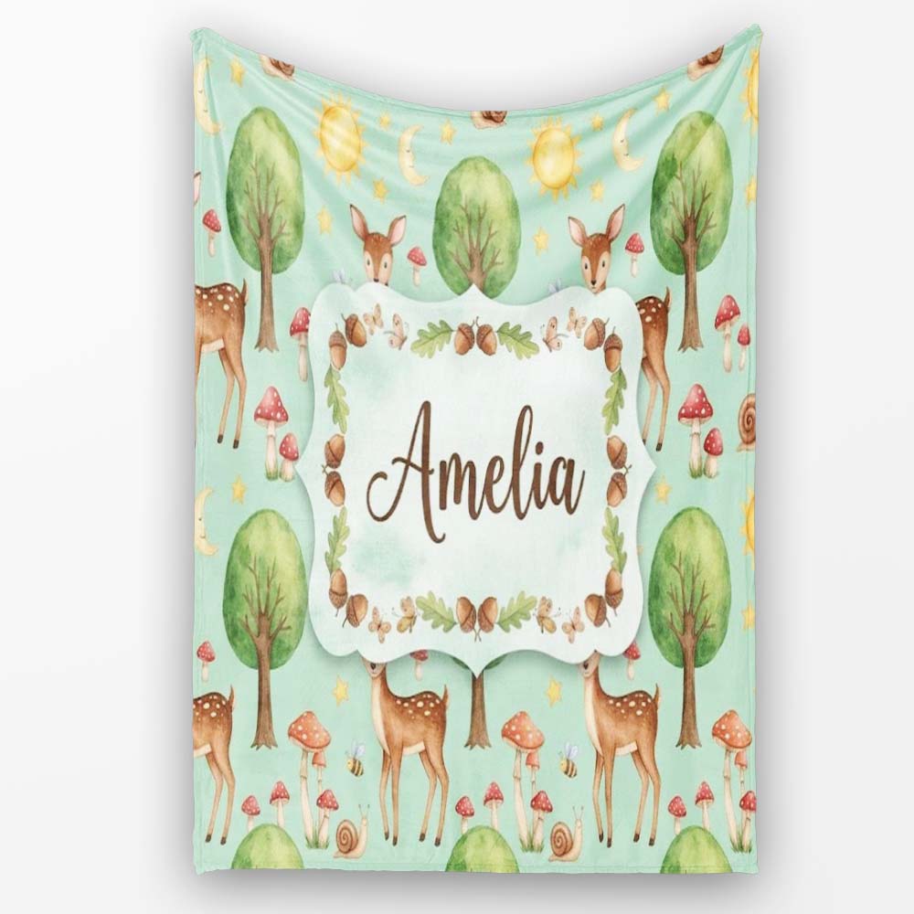 Watercolor Forest Animals Deer Owl Mushrooms Stars Seamless Pattern Personalised Custom Name Super Soft Fleece Blanket Bed Sofa Throw