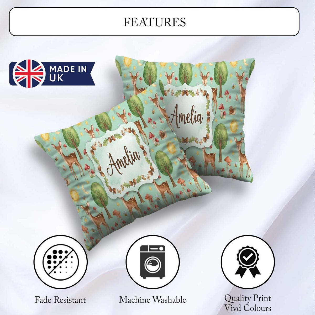 Custom Name Watercolor Animals Deer Owl Mushrooms Stars Seamless Square Filled Cushion Throw Pillow Sofa Bed Home Decor Zip Washable UK Made