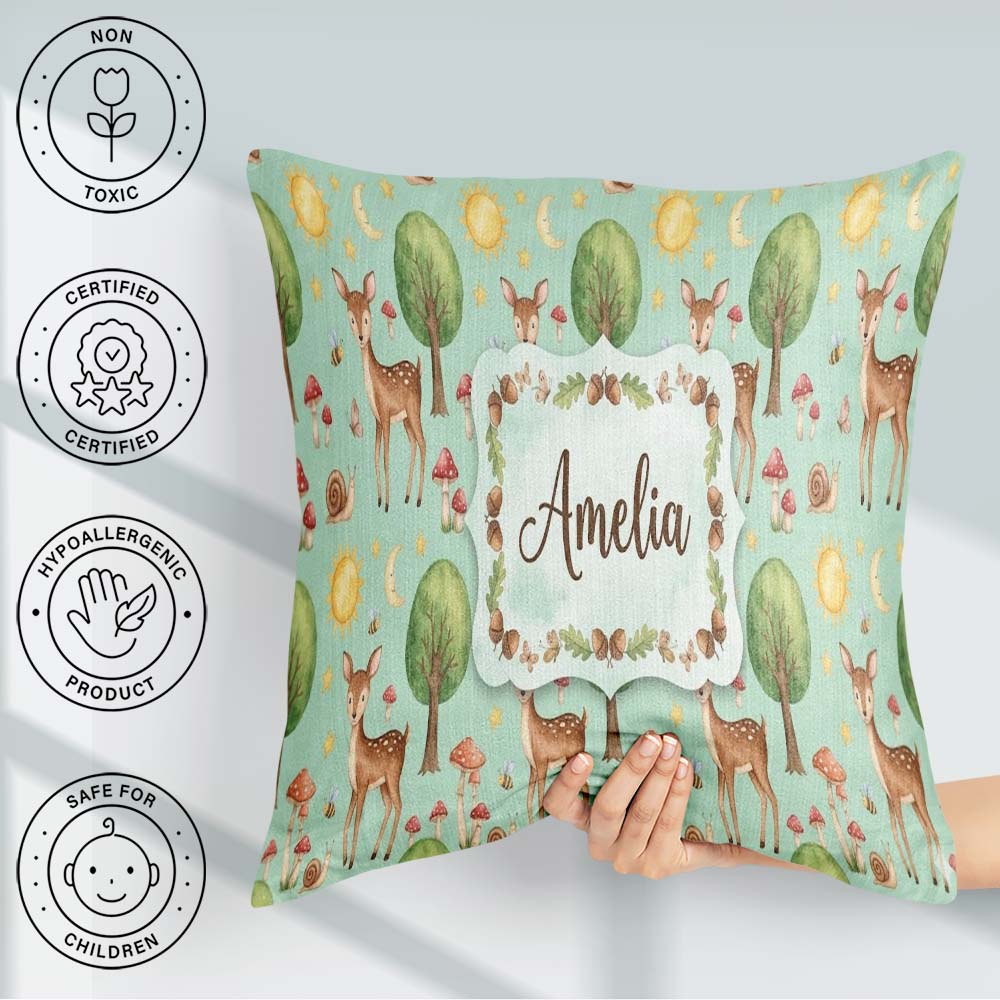 Custom Name Watercolor Animals Deer Owl Mushrooms Stars Seamless Square Filled Cushion Throw Pillow Sofa Bed Home Decor Zip Washable UK Made