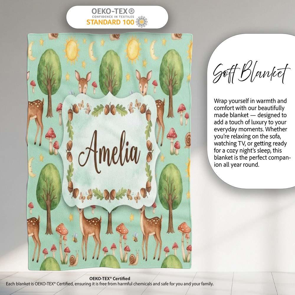 Watercolor Forest Animals Deer Owl Mushrooms Stars Seamless Pattern Personalised Custom Name Super Soft Fleece Blanket Bed Sofa Throw