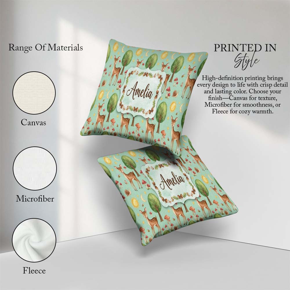 Custom Name Watercolor Animals Deer Owl Mushrooms Stars Seamless Square Filled Cushion Throw Pillow Sofa Bed Home Decor Zip Washable UK Made
