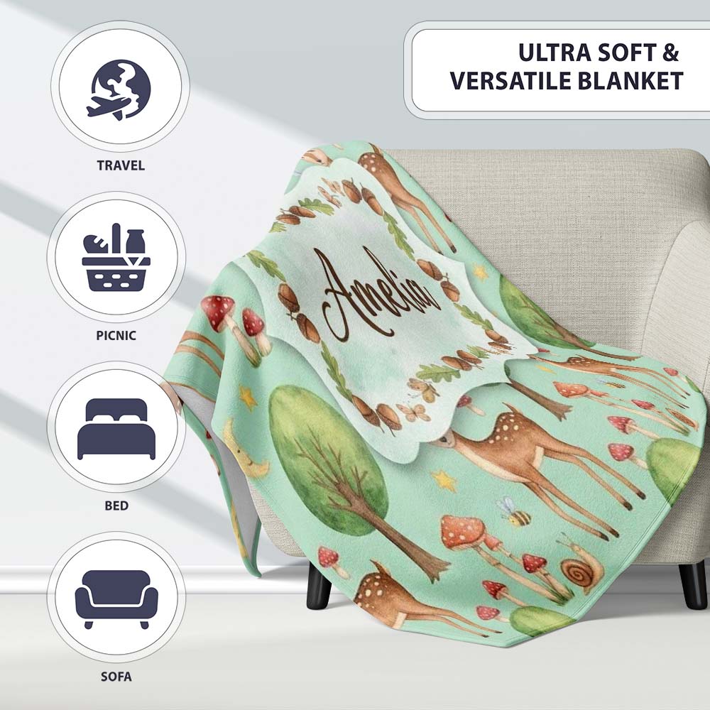 Watercolor Forest Animals Deer Owl Mushrooms Stars Seamless Pattern Personalised Custom Name Super Soft Fleece Blanket Bed Sofa Throw
