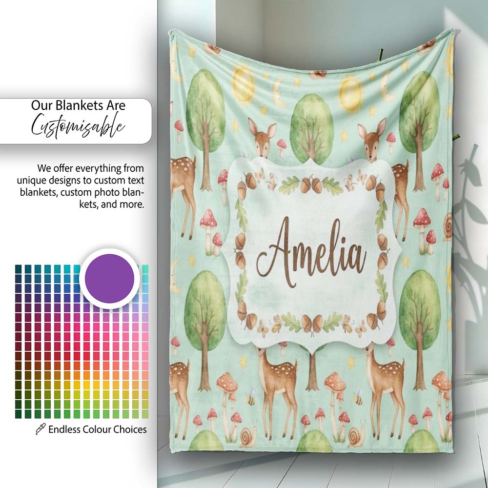 Watercolor Forest Animals Deer Owl Mushrooms Stars Seamless Pattern Personalised Custom Name Super Soft Fleece Blanket Bed Sofa Throw