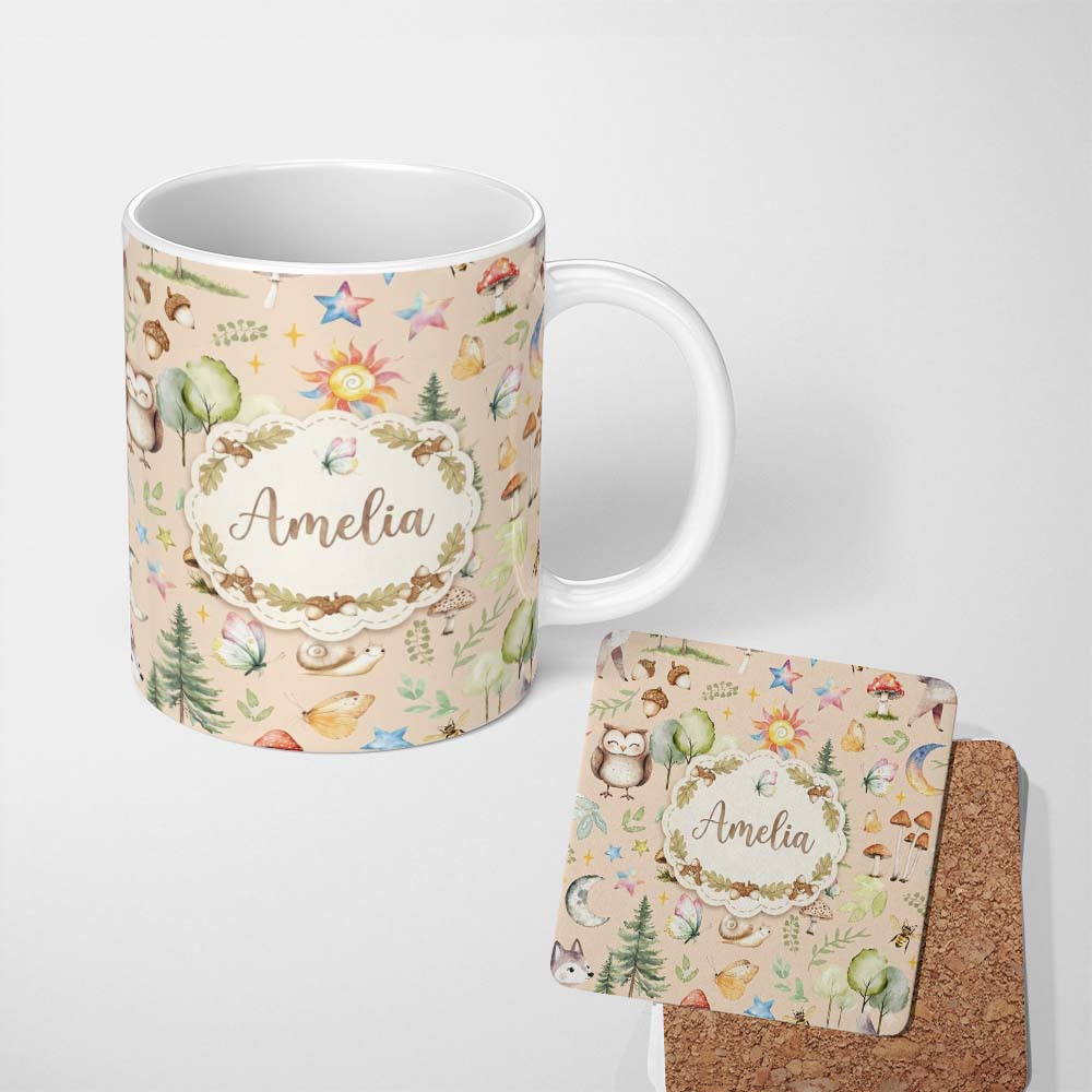 Personalized Custom Name Watercolor Forest Animal Deer Owl Mushrooms Stars Seamless Pattern 11oz Ceramic Coffee Tea Mug White Large Handle
