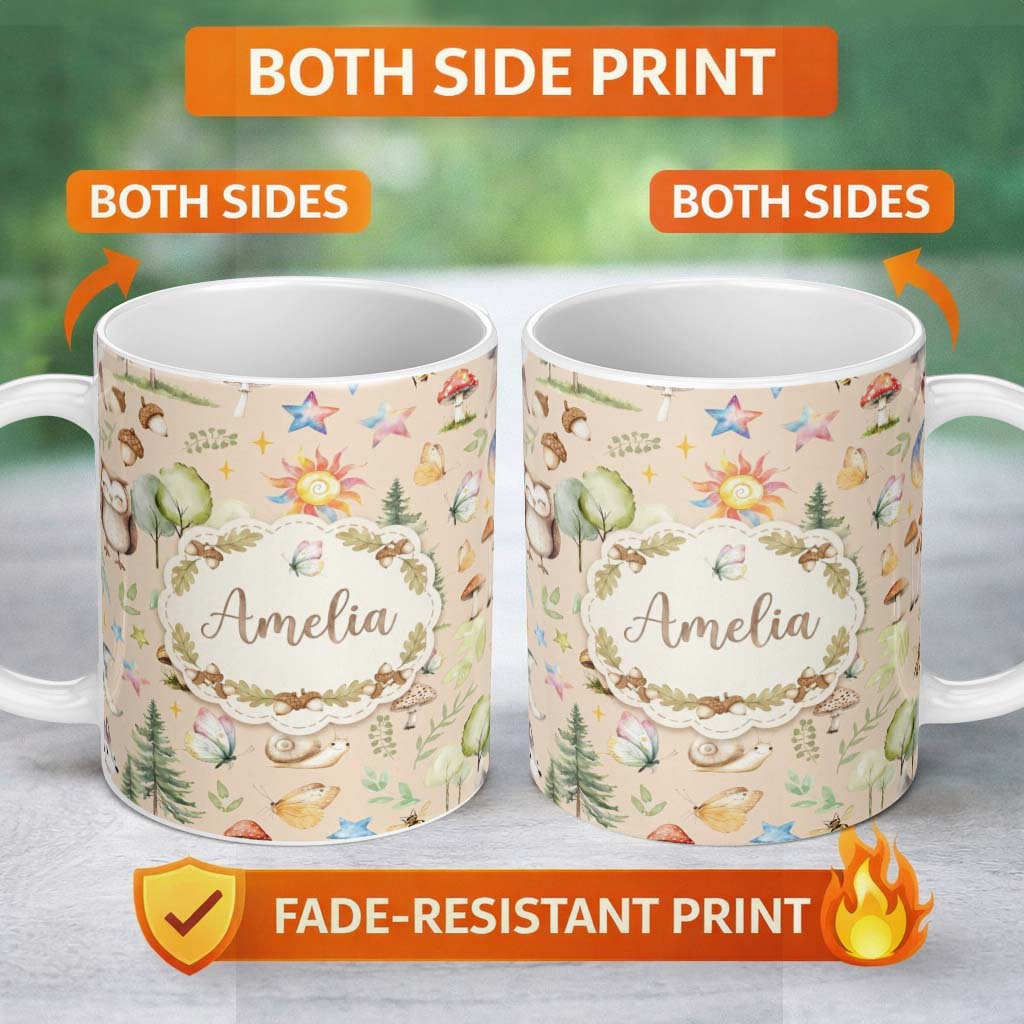 Personalized Custom Name Watercolor Forest Animal Deer Owl Mushrooms Stars Seamless Pattern 11oz Ceramic Coffee Tea Mug White Large Handle