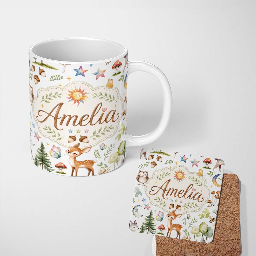 Personalized Custom Name Watercolor Forest Animals Deer Owl Mushrooms Stars Seamless Pattern 11oz Ceramic Coffee Tea Mug White Large Handle